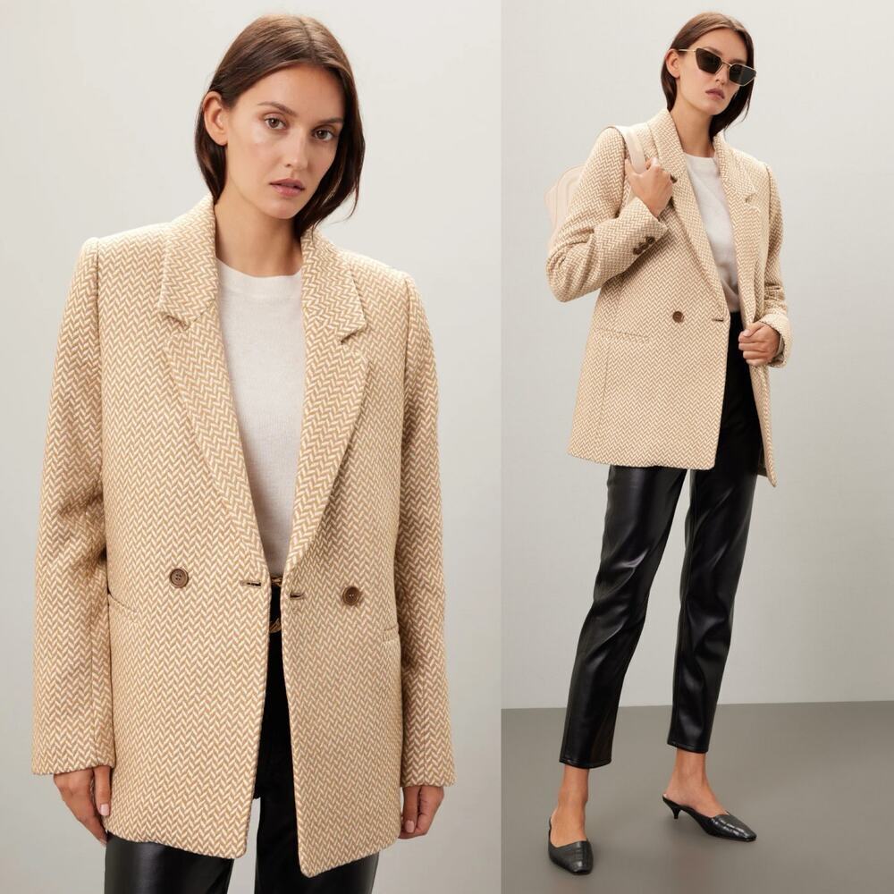 Anine Bing Oversized Fishbone Blazer Tan/White Herringbone Print Size Large